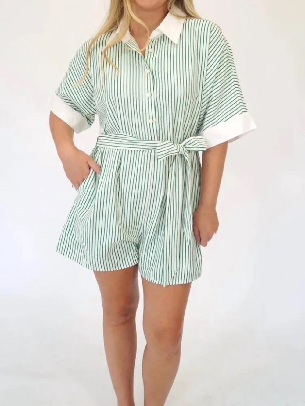 JODIFL Mint Green and White Striped Belted Shorts Romper